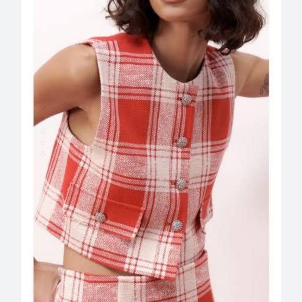 Zara Textured Waistcoat Vest Top Sleeveless Red White